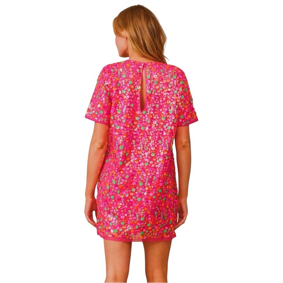 NEW blue b Hot Pink Orange Green Allover Flower Shaped Sequin Tulle Mini Dress S - Picture 4 of 5